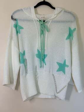 POL Star Intarsia Distressed Knit Hoodie Sweater